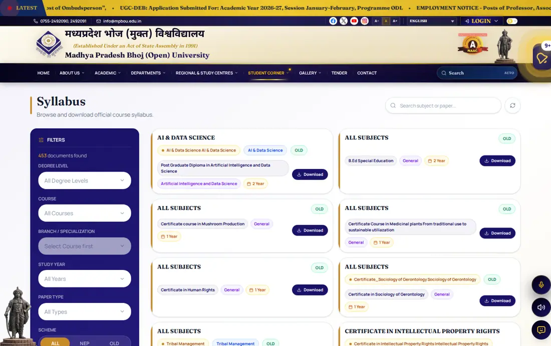 MPBOU official portal: Madhya Pradesh Bhoj (Open) University (MPBOU)